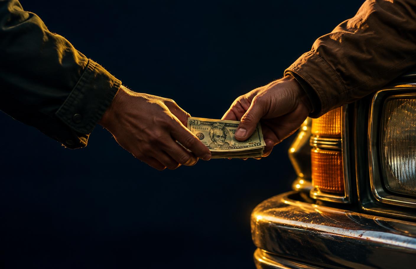 Cash being handed over next to an old car after a junk car sale in Chicago