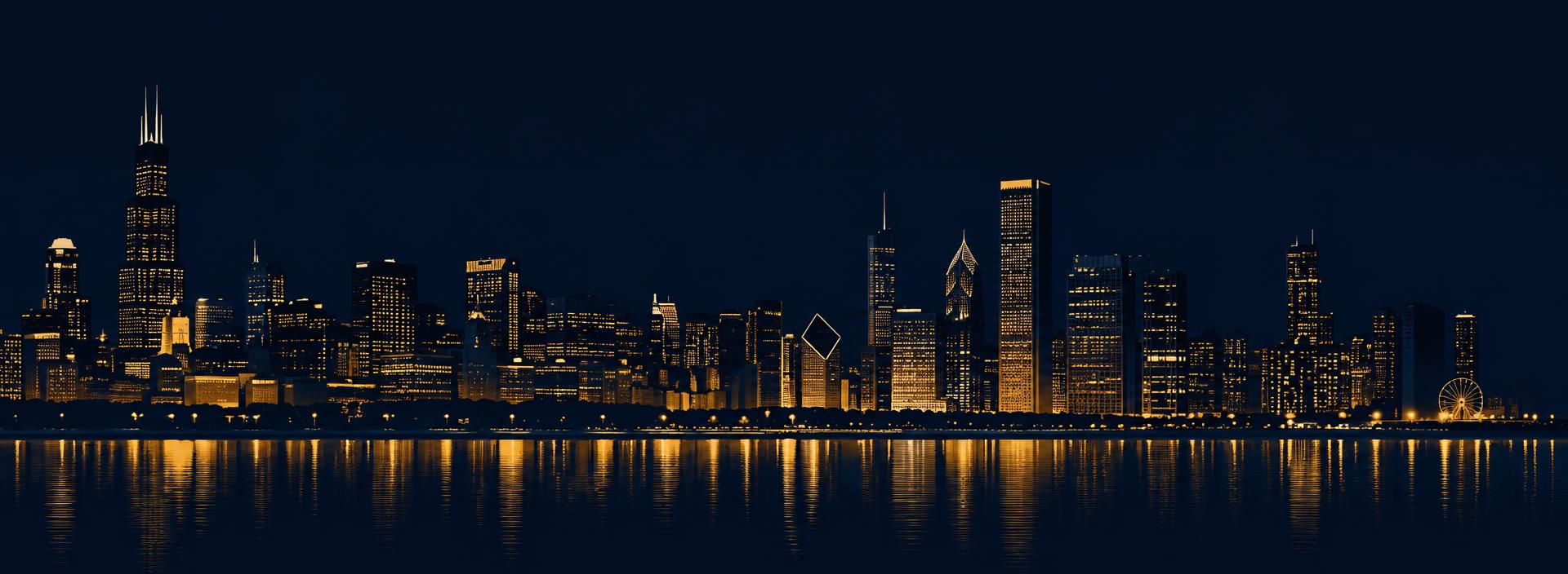 Chicago skyline at night in navy and gold