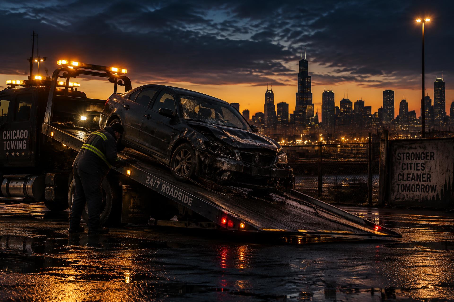 Flatbed tow truck loading a wrecked junk car with the Chicago skyline behind it