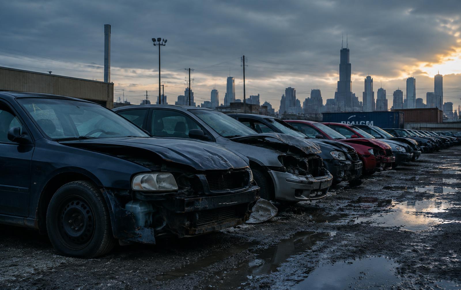 Row of junk and damaged cars in a Chicago salvage lot with the skyline behind